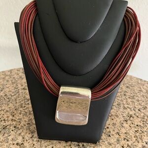MILOR Red/Brown Leather Necklace w/925 Pendant Accents